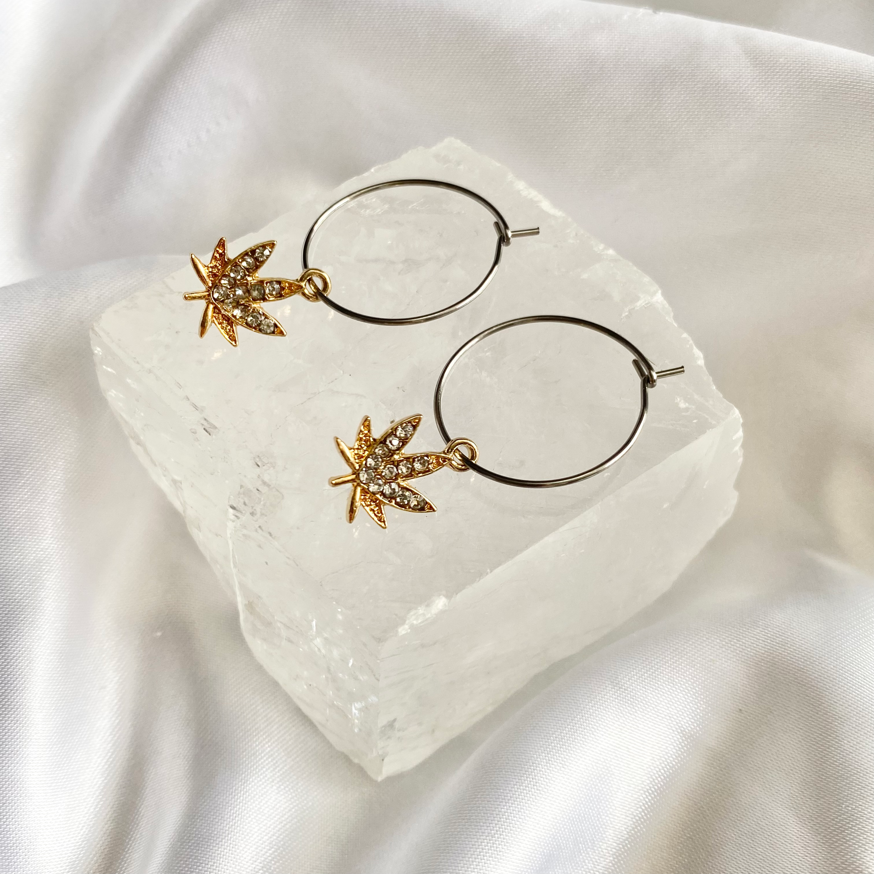 Clear Rhinestone Weed Leaf Hoop Earrings image 0