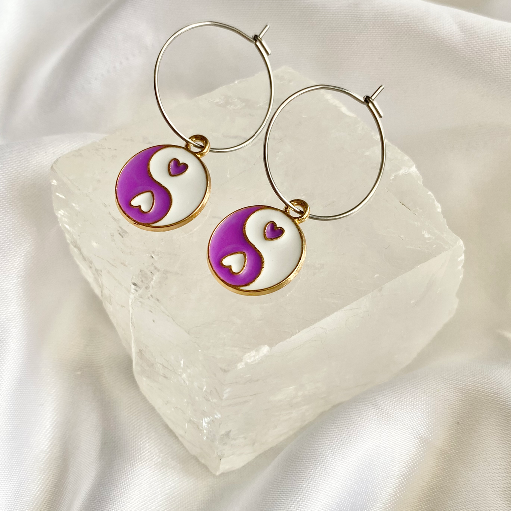 Purple Yin & Yang Circle Hoop Earrings image 0