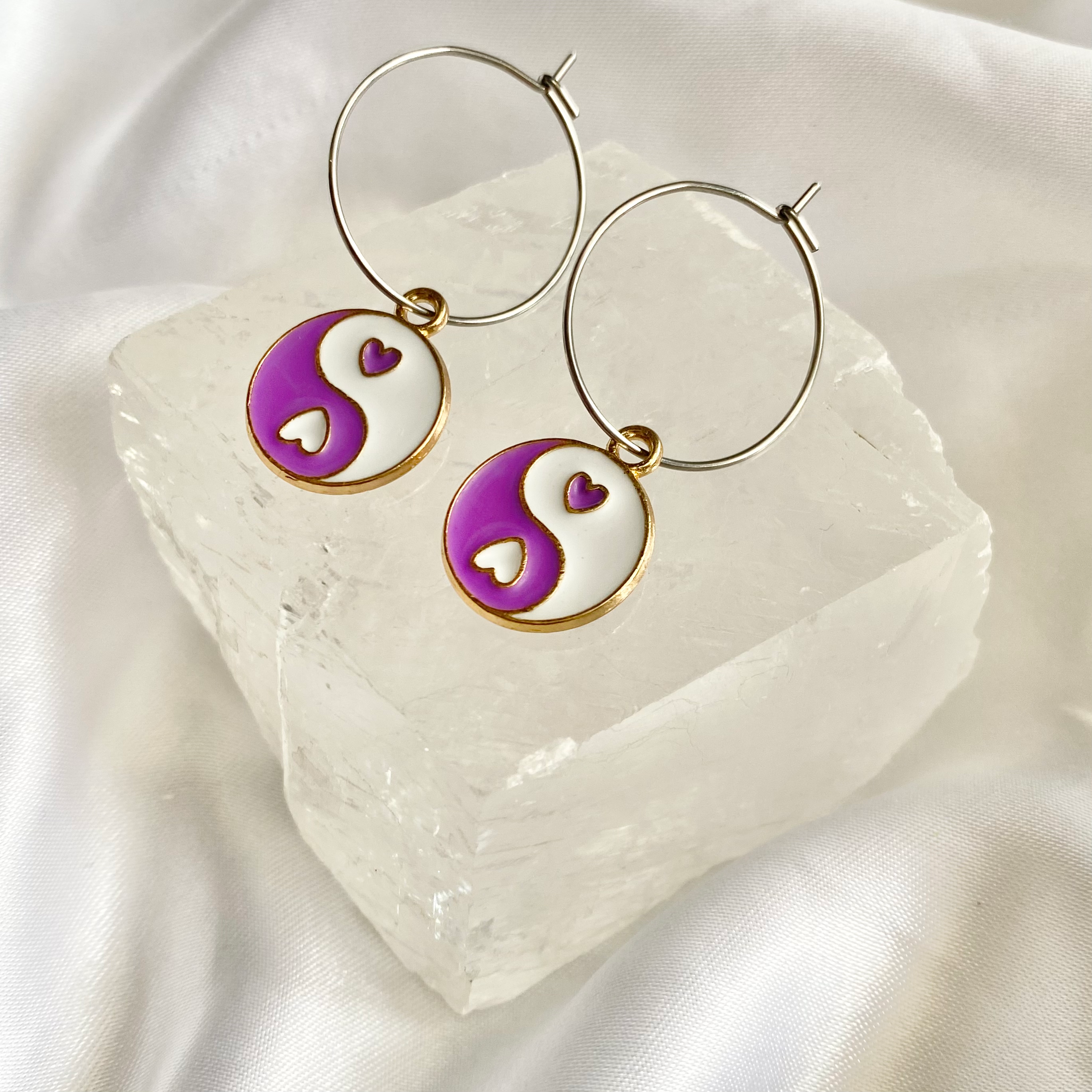 Purple Yin & Yang Circle Hoop Earrings image 0