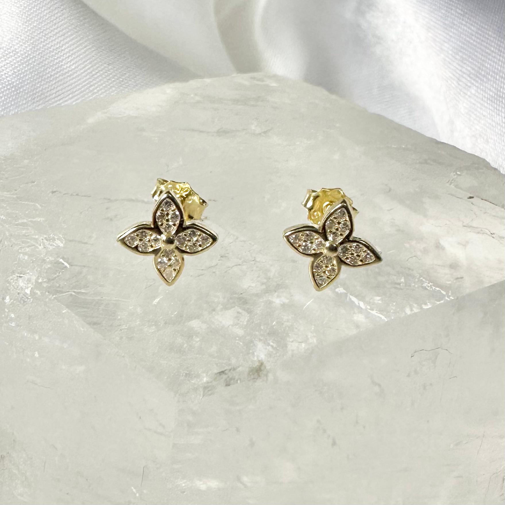 Gold CZ Paved Flower Stud Earrings image 0