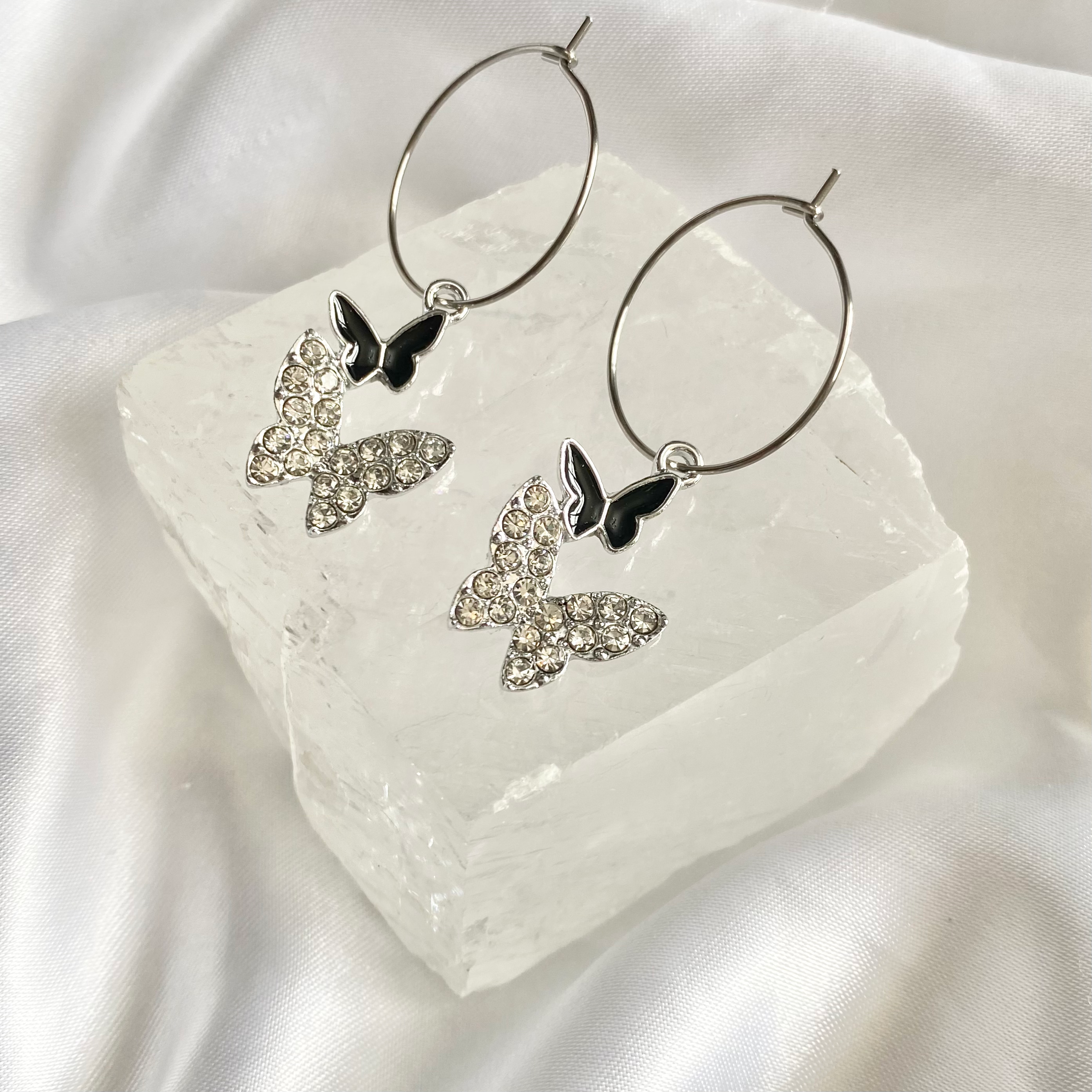 Black Rhinestone Butterfly Hoop Earrings image 0