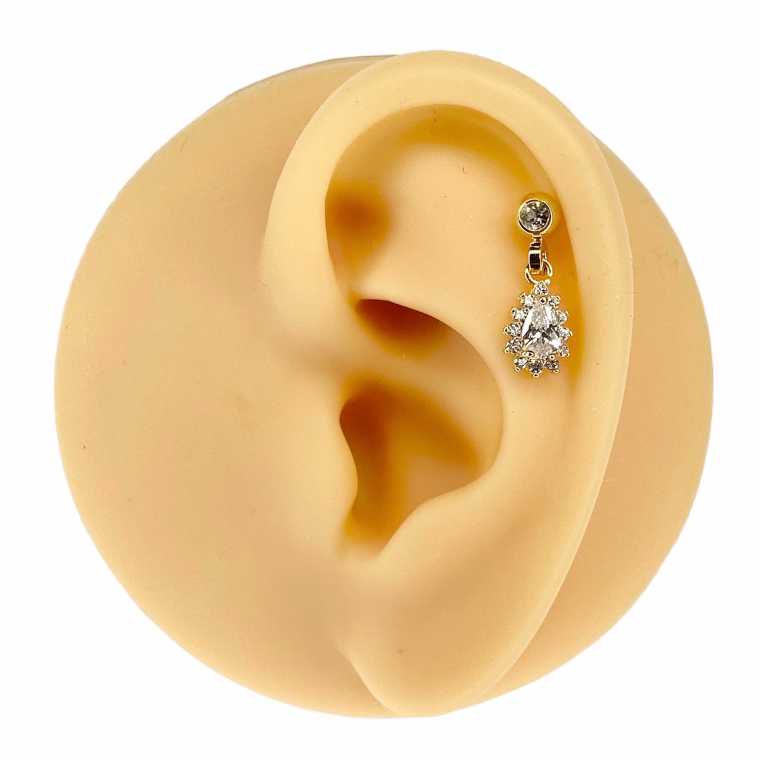 Gold Clear CZ Tear Drop Dangle Barbell Stud image 0