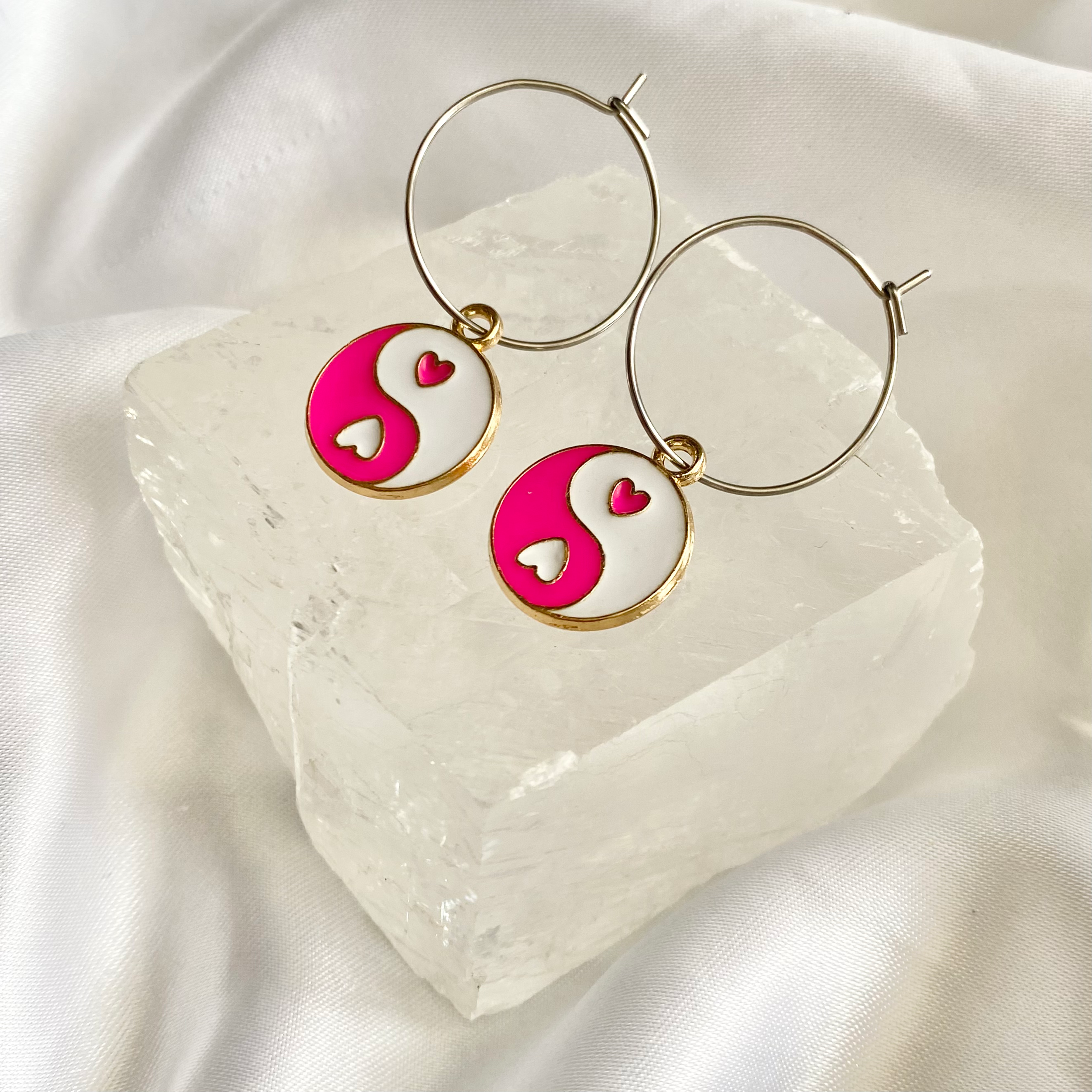 Pink Yin & Yang Circle Hoop Earrings image 0