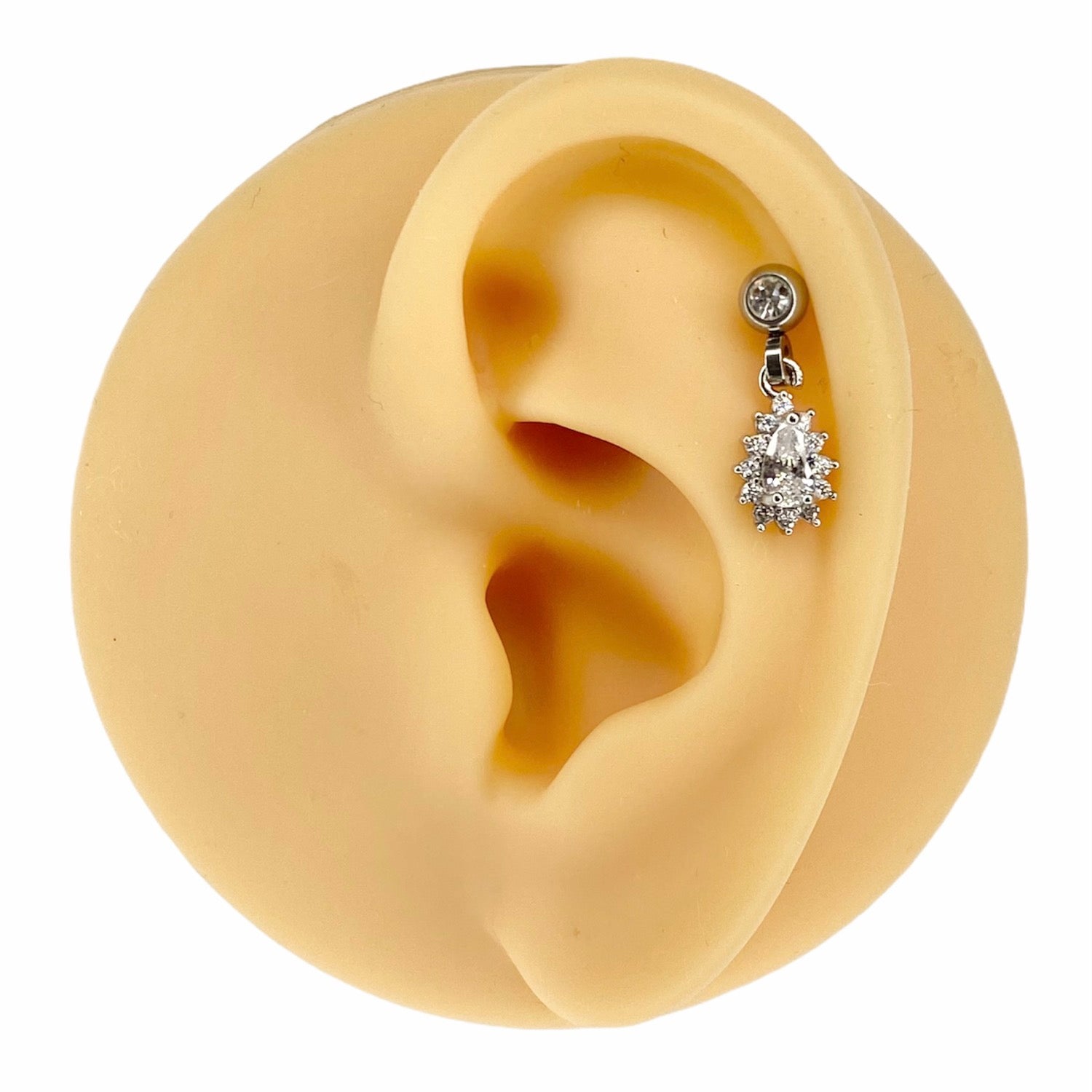 Silver Clear CZ Tear Drop Dangle Barbell Stud image 0