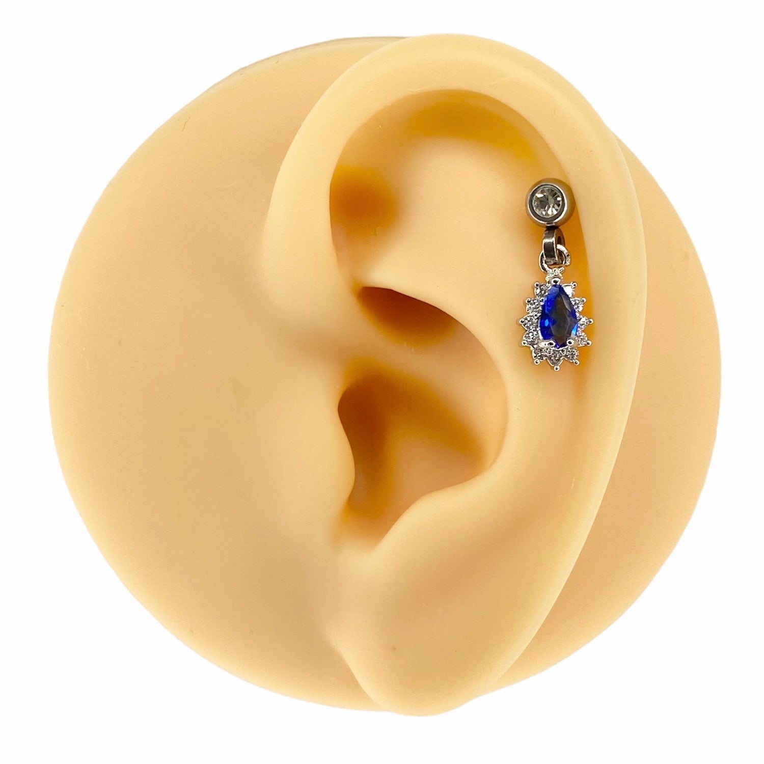 Blue CZ Tear Drop Dangle Barbell Stud image 0