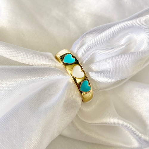 Blue & White Enamel 5 Heart Ring image 0