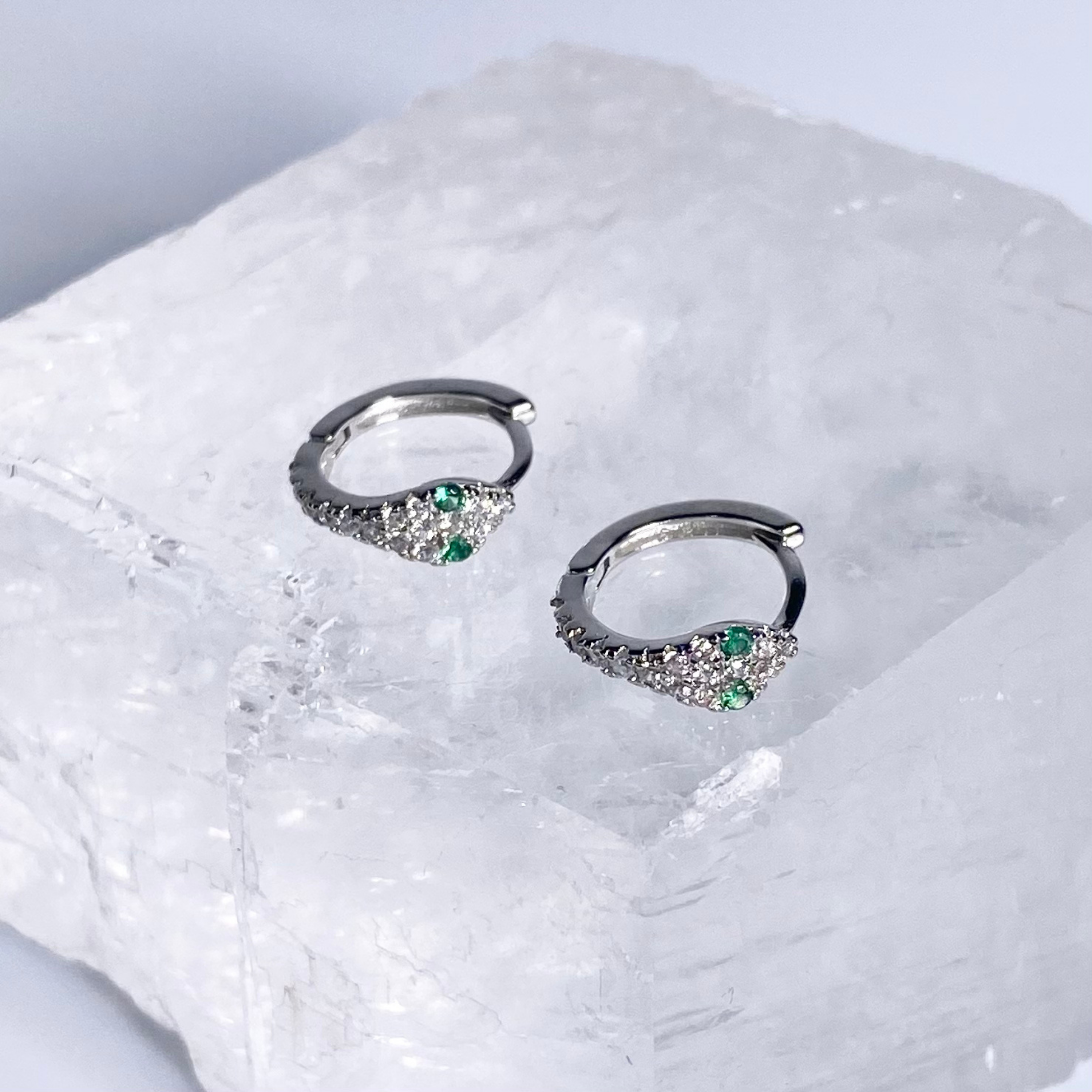 Silver Green Eye CZ Snake Earrings image 0