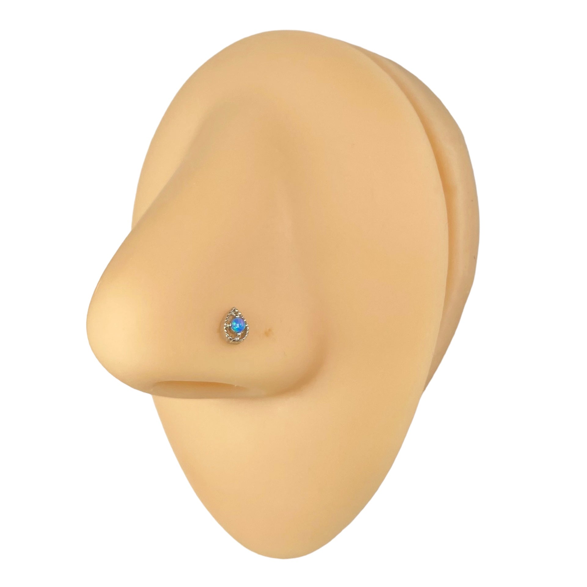 Silver Tear Drop Blue Opal Center Nose Stud image 0