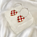 Red Checkered Heart Hoop Earrings image 0