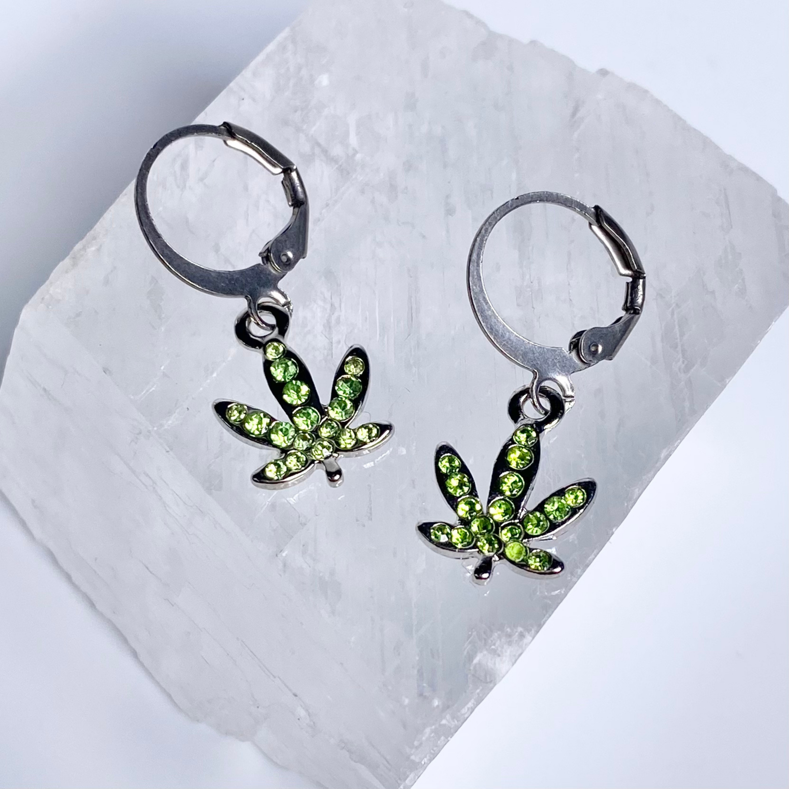 Green Crystal Paved Weed Leaf Earrings image 0