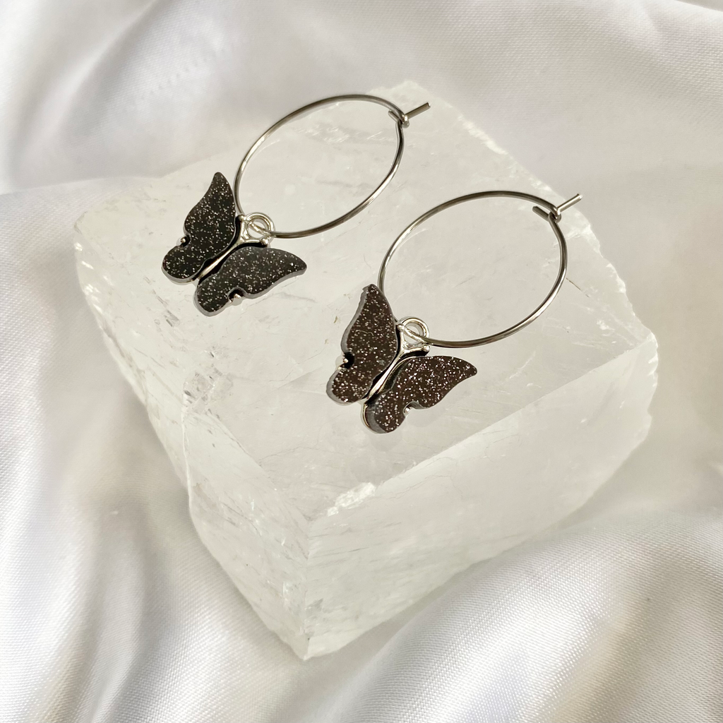 Black Glitter Butterfly Hoop Earrings image 0
