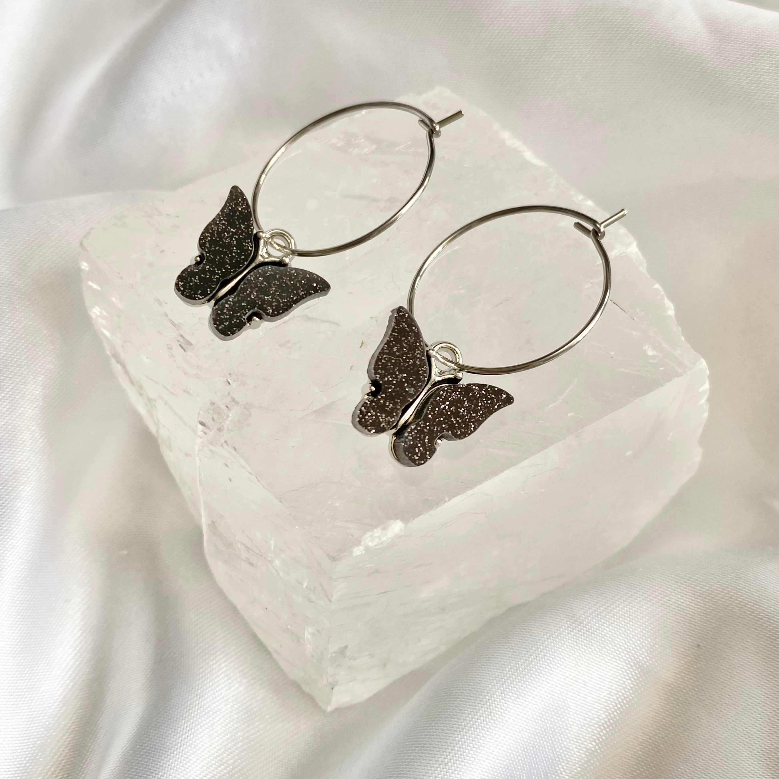 Black Glitter Butterfly Hoop Earrings image 0