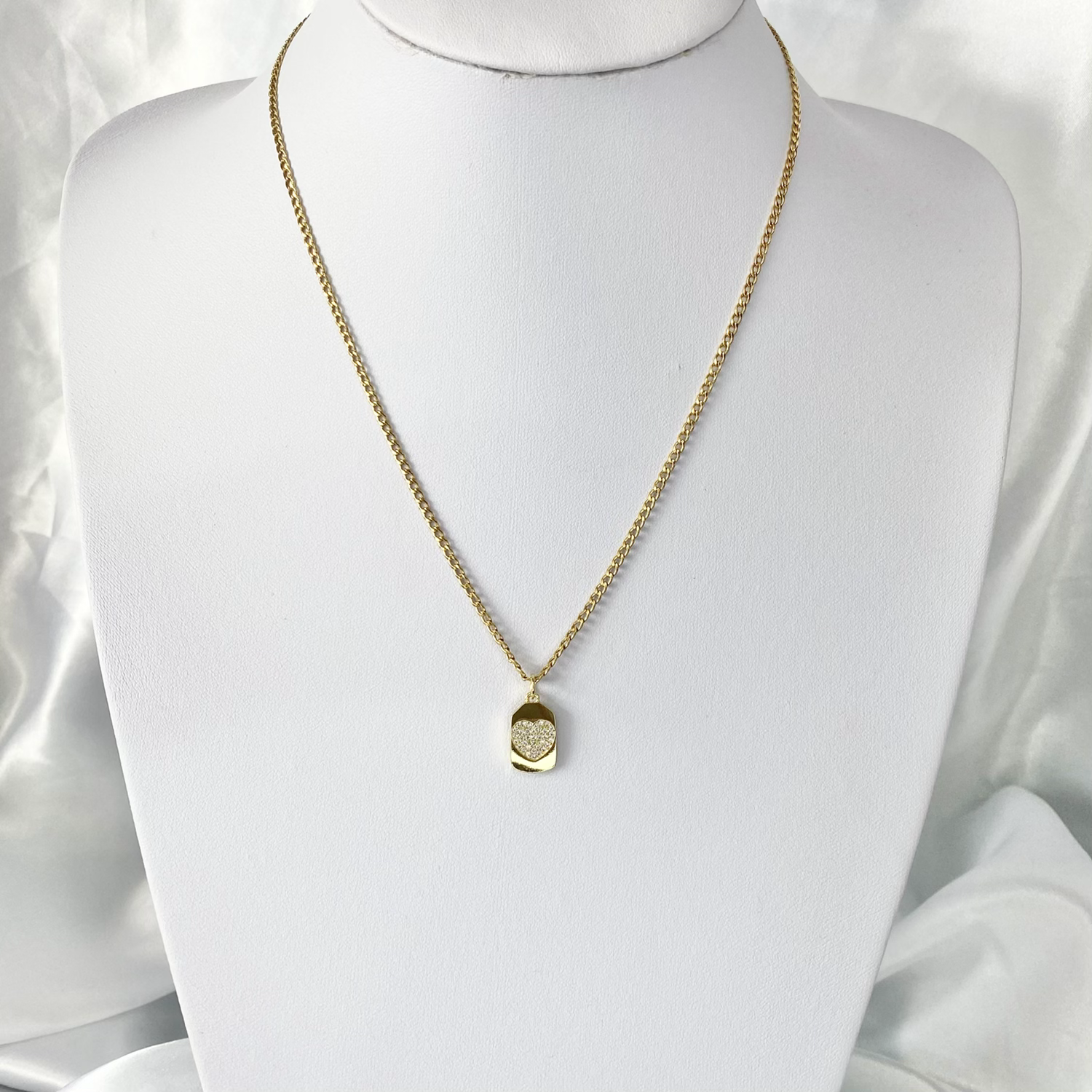 Gold CZ Heart Tag Necklace image 1