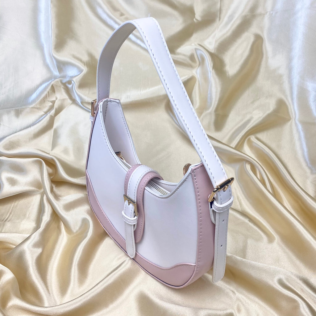 White & Dusty Pink Buckle Front Shoulder Bag image 1