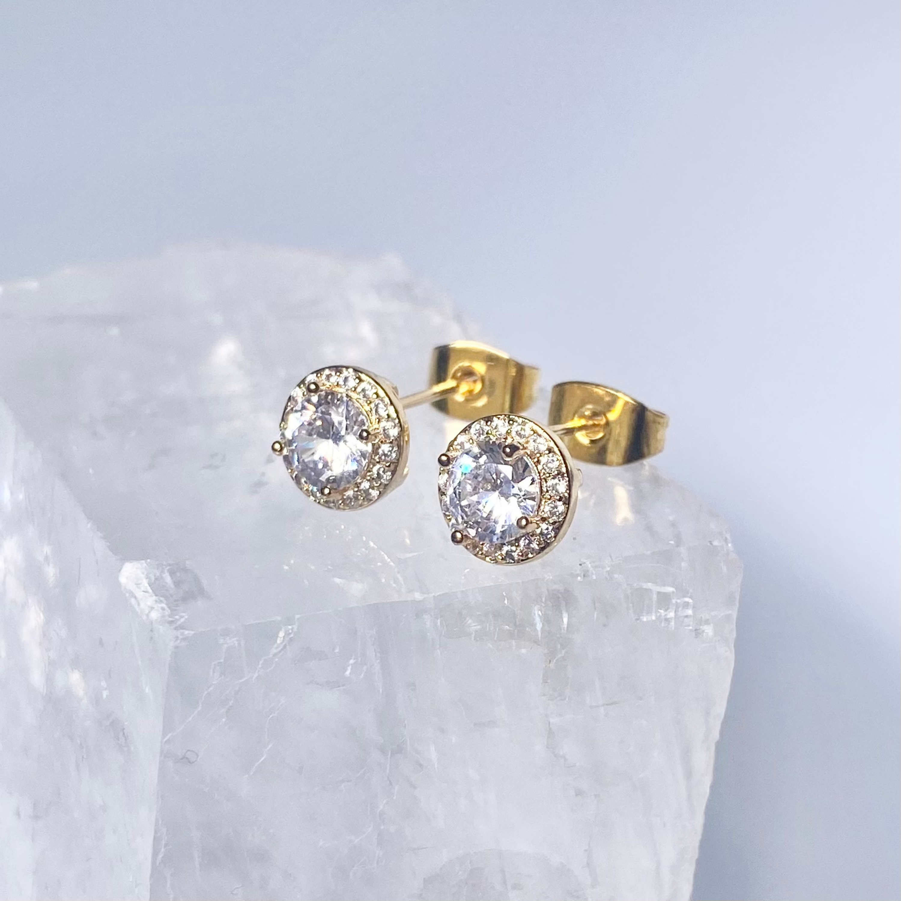 Gold CZ Halo Stud Earrings image 0