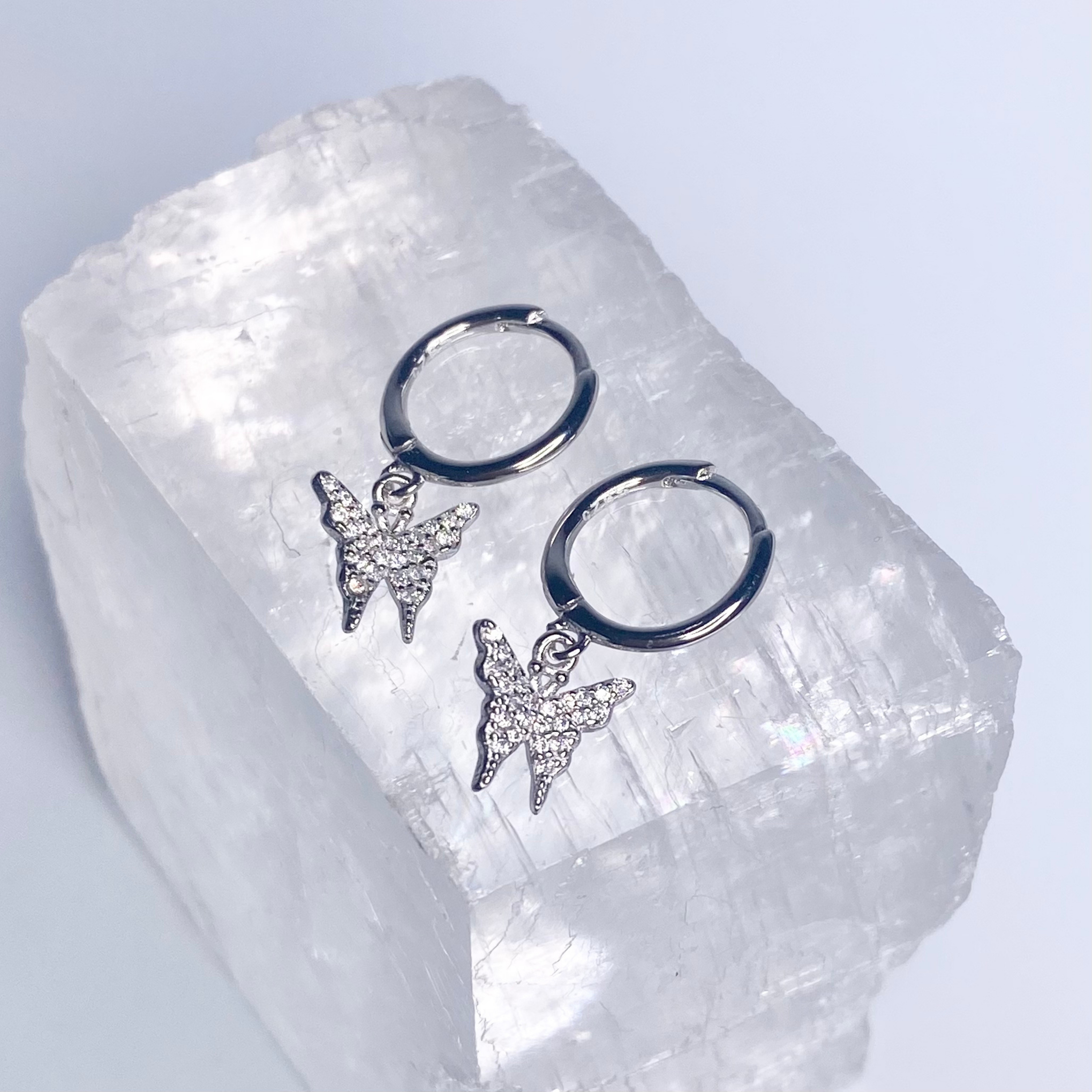 Silver CZ Paved Butterfly Hoop Earrings image 0