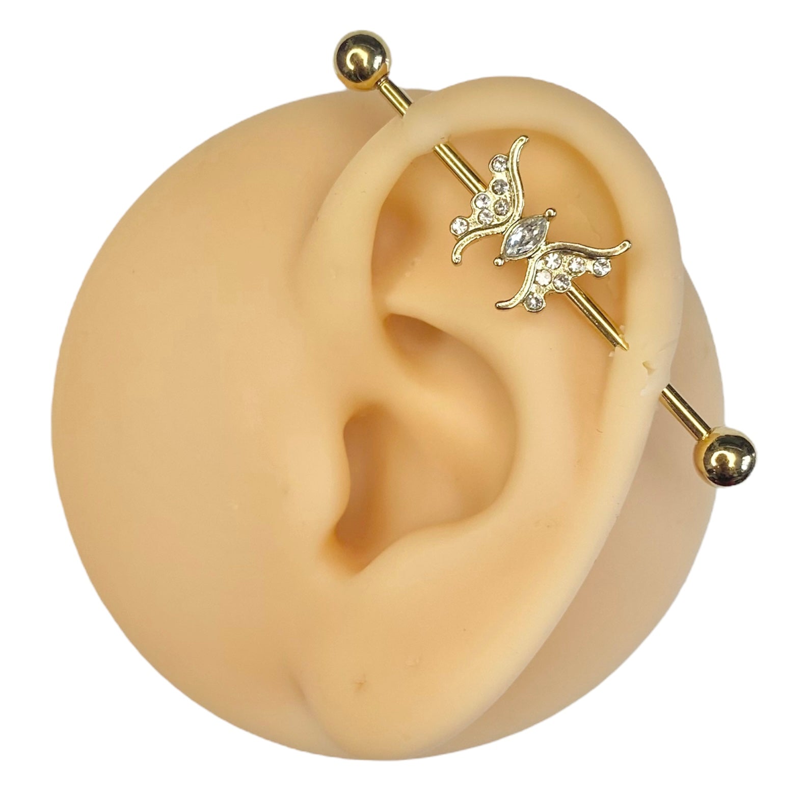 Gold Clear Crystal Paved Butterfly Industrial Barbell  image 0