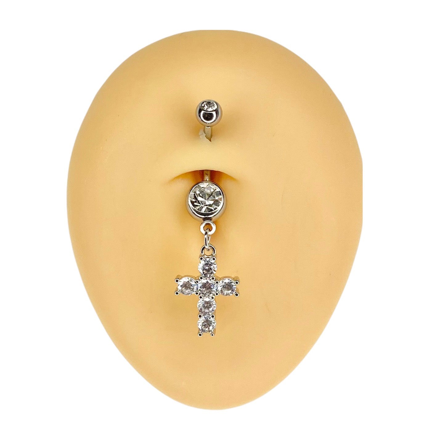 Silver CZ Prong Cross Dangle Belly Bar  image 0