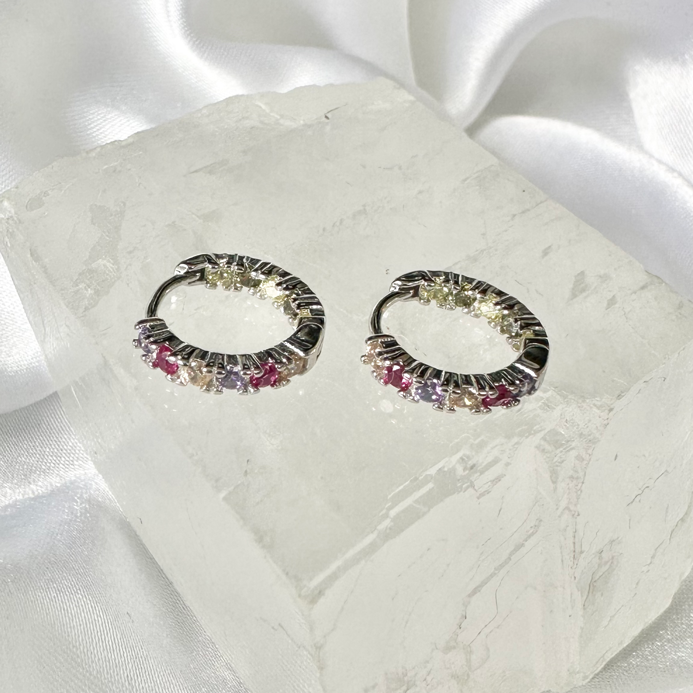 Silver Multicolour Pink & Purple CZ Hoop Earrings image 0