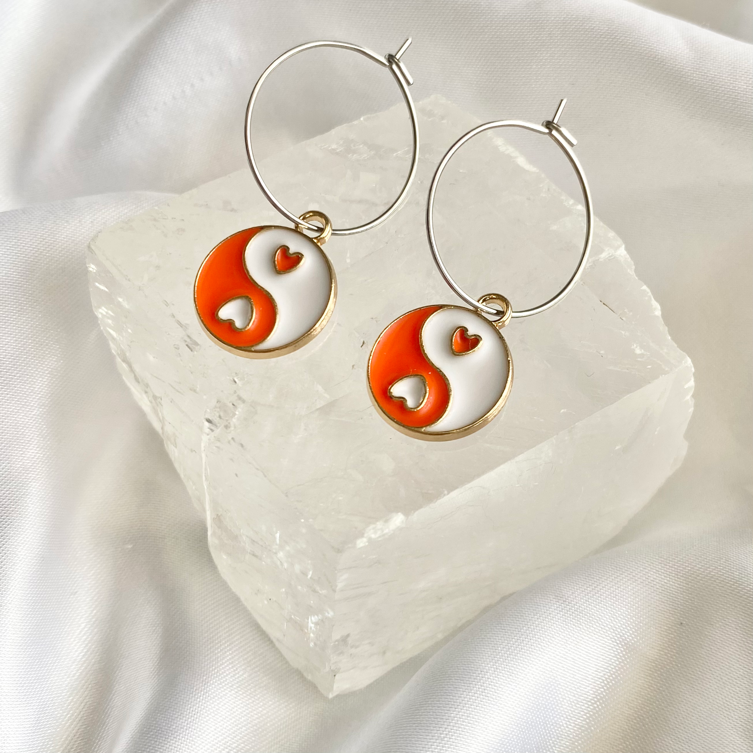 Orange Yin & Yang Circle Hoop Earrings image 0