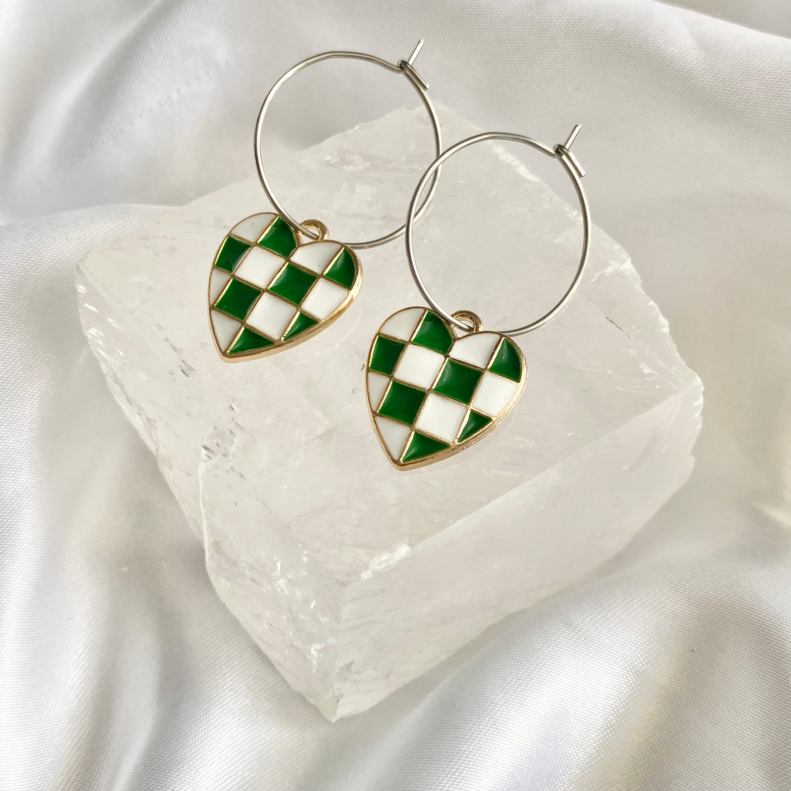 Green Checkered Heart Hoop Earrings image 0