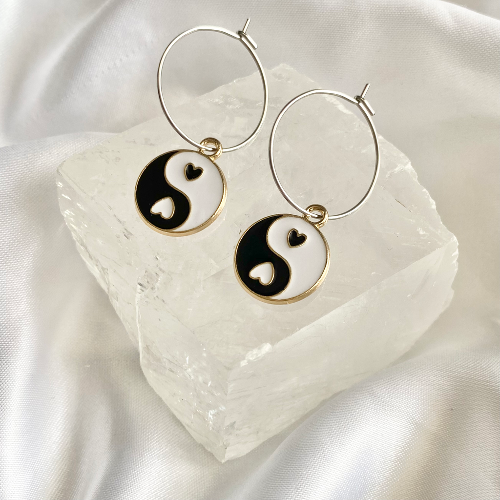 Black Yin & Yang Circle Hoop Earrings image 0
