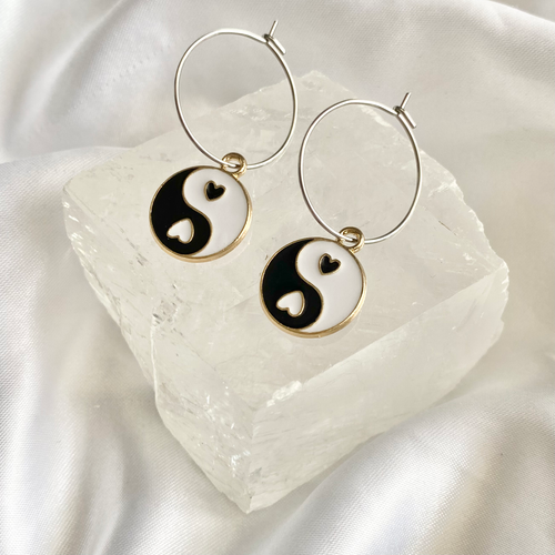 Black Yin & Yang Circle Hoop Earrings image 0