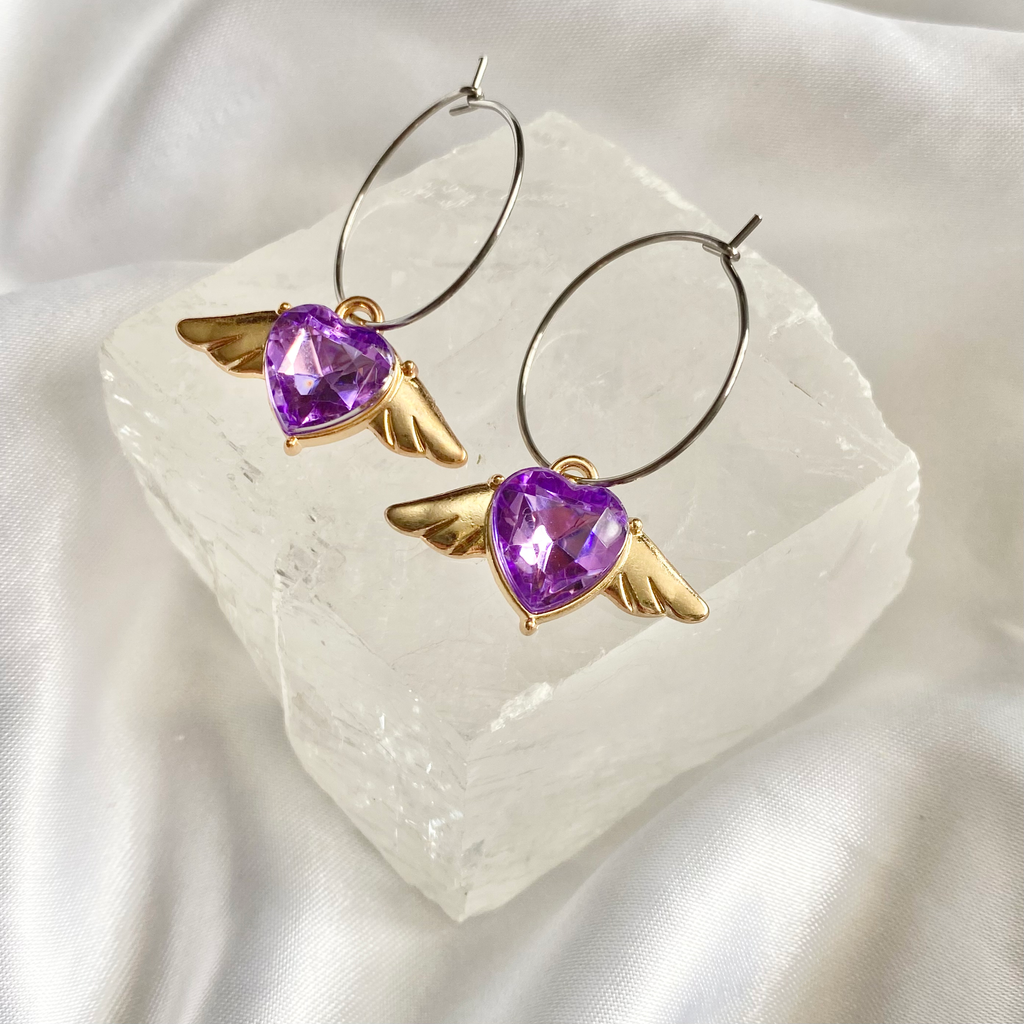Purple Heart Winged Hoop Earrings image 0