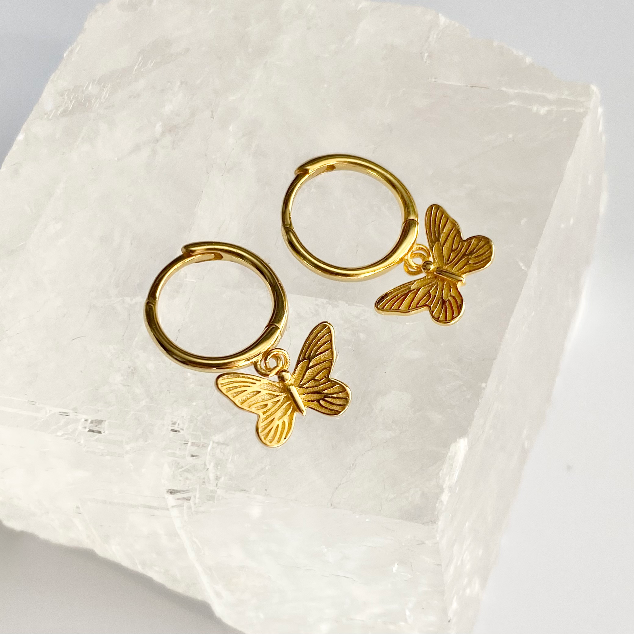 Gold Engraved Butterfly Hoop Earrings image 0