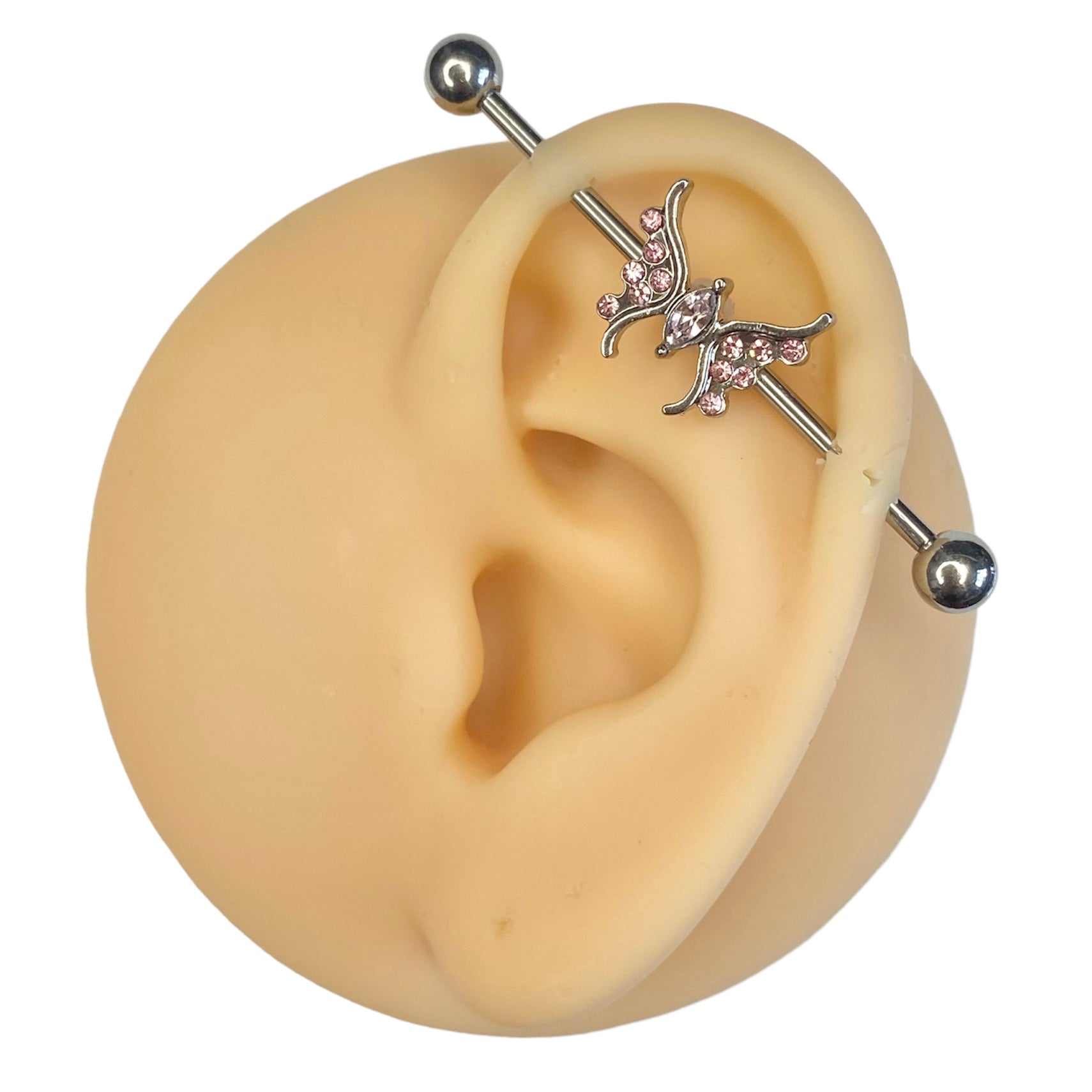 Pink Crystal Paved Butterfly Industrial Barbell  image 0