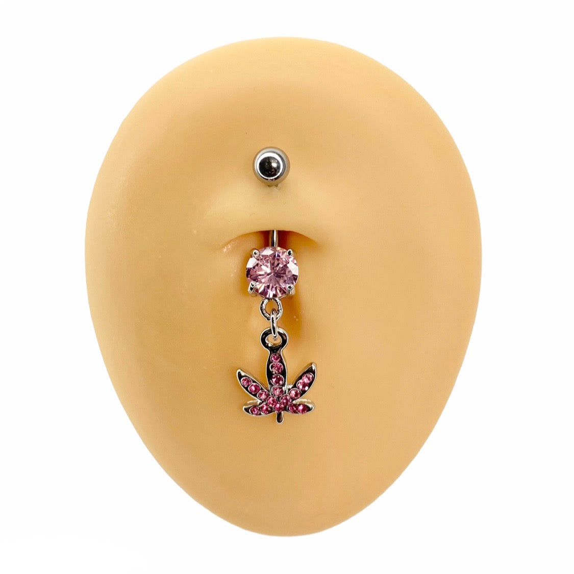 Pink Crystal Paved Weed Leaf Belly Bar  image 0