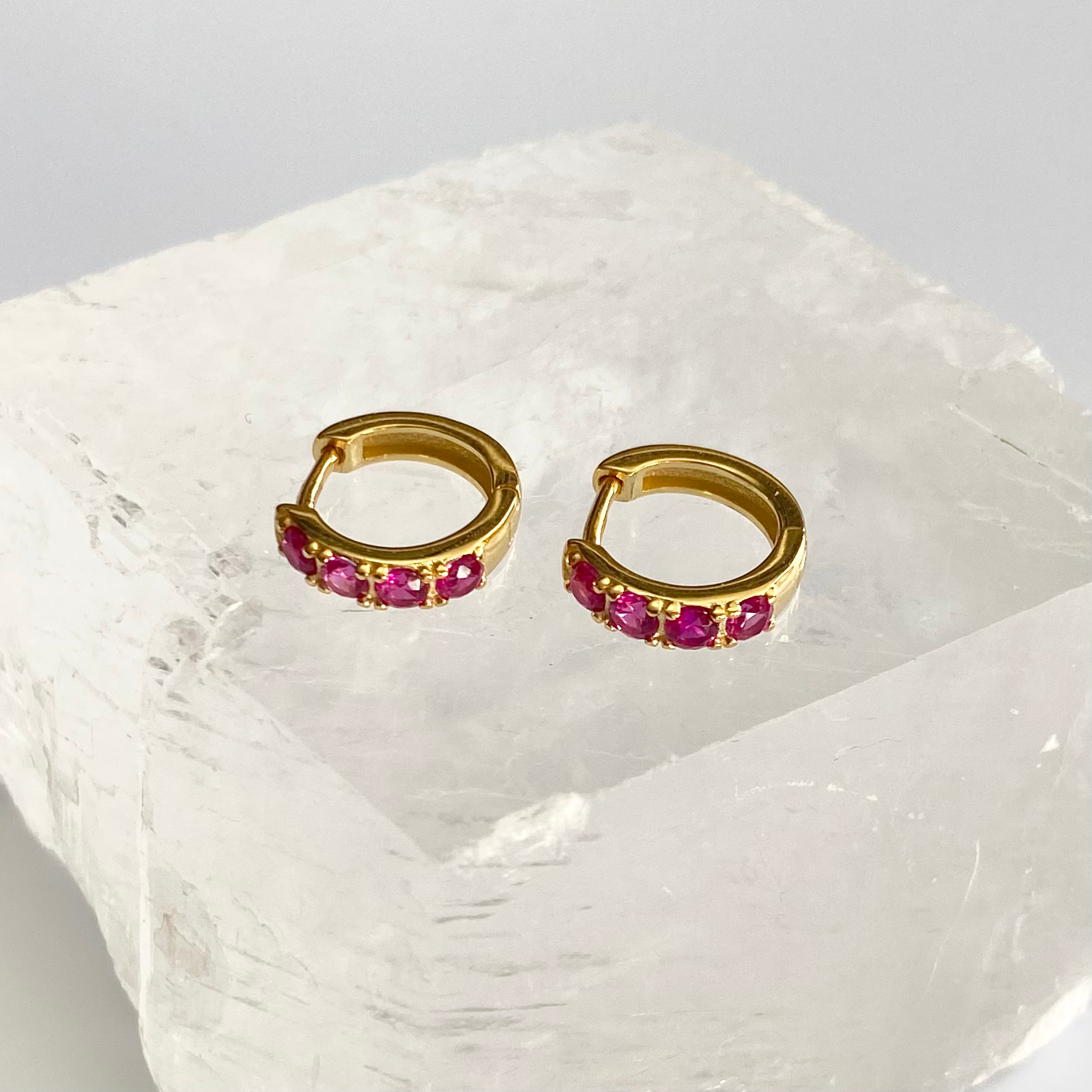 Gold Pink Rhinestone Hoop Earrings image 0