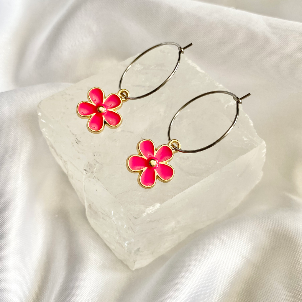 Pink Flower Hoop Earrings image 0