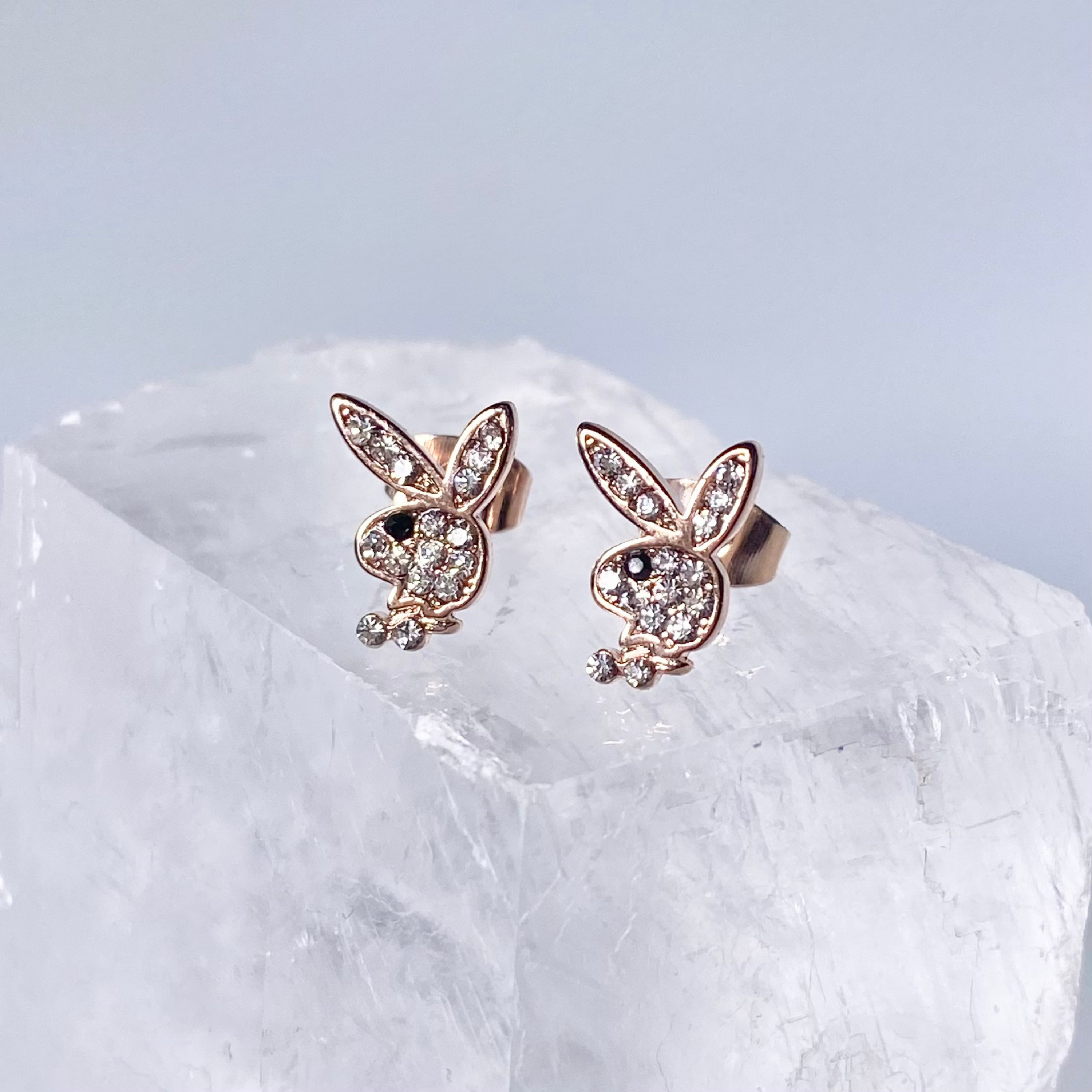 Rose Gold CZ Paved Playboy Stud Earrings image 0
