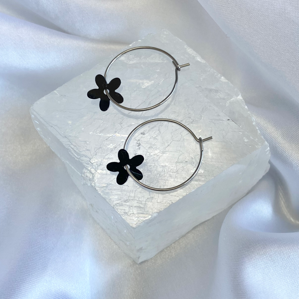 Black Sequin Flower Hoop Earrings image 0