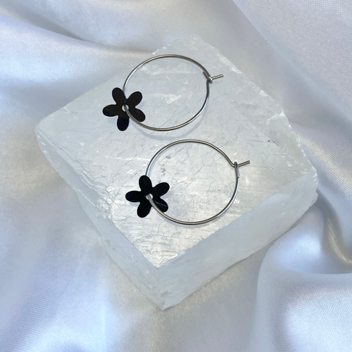 Black Sequin Flower Hoop Earrings image 0
