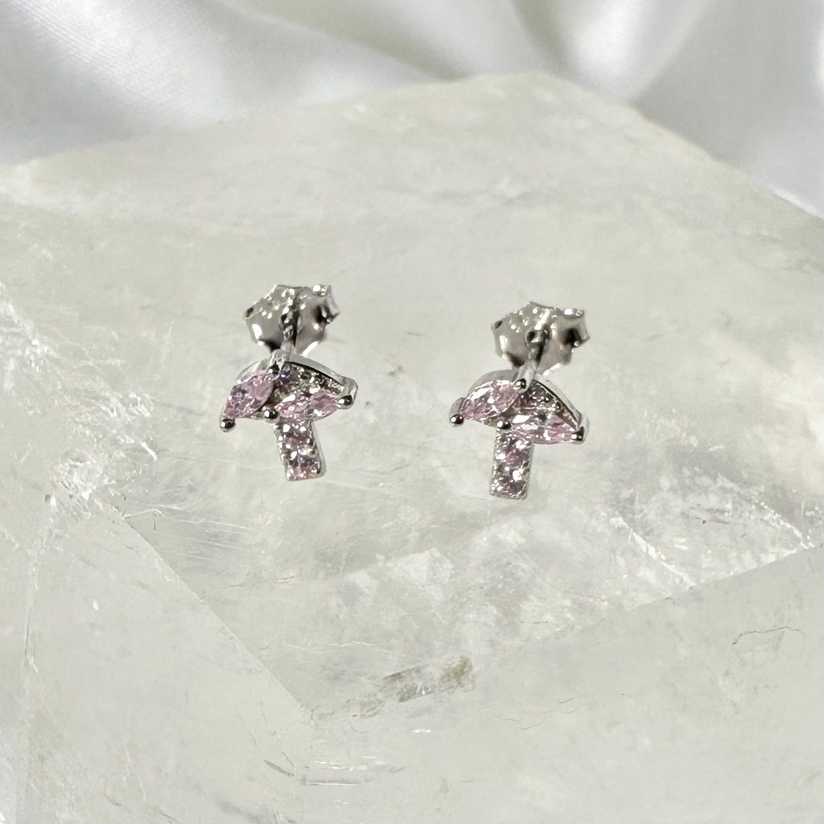 Silver Pink CZ Mini Mushroom Stud Earrings image 0