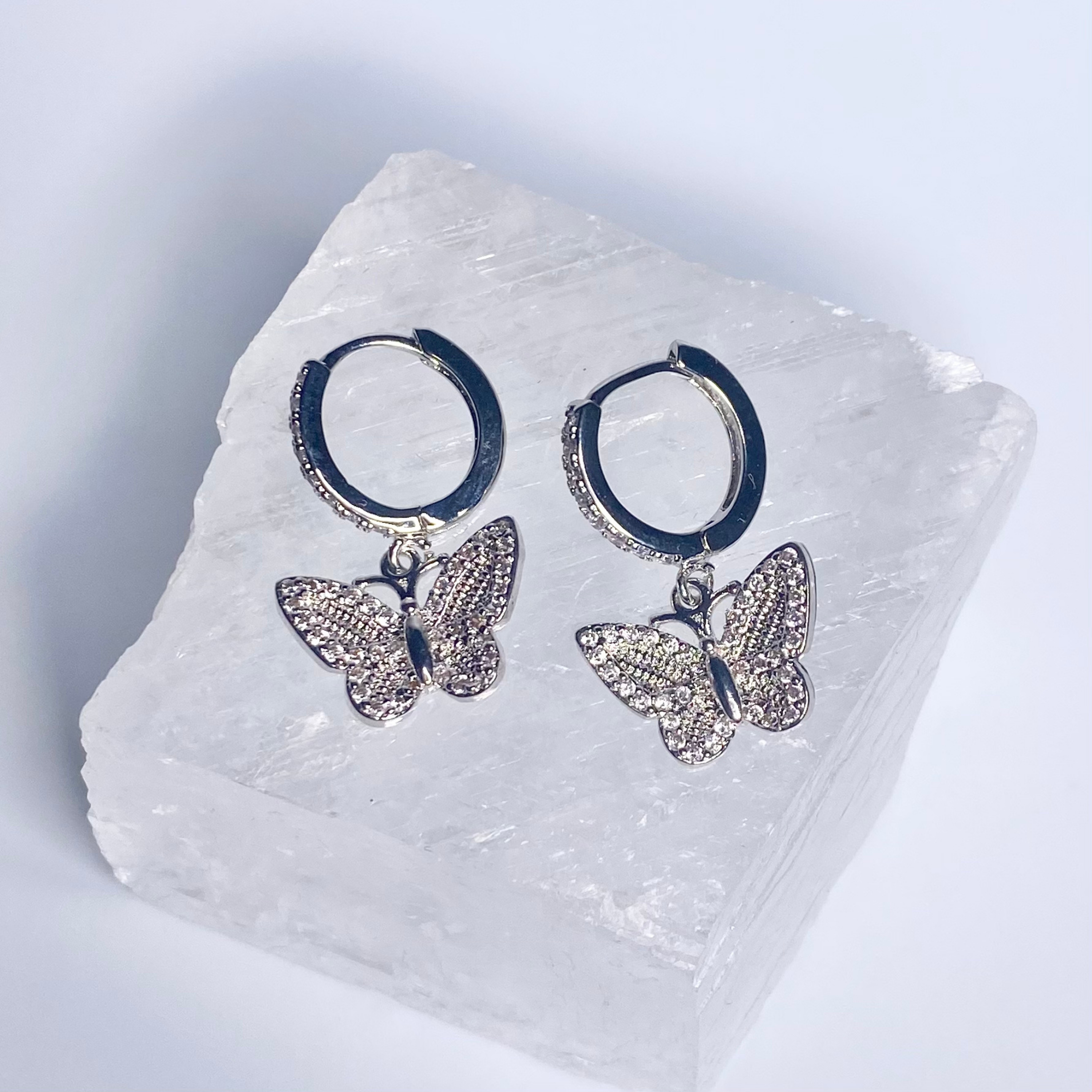 Silver CZ Paved Chunky Butterfly Hoop Earrings image 0