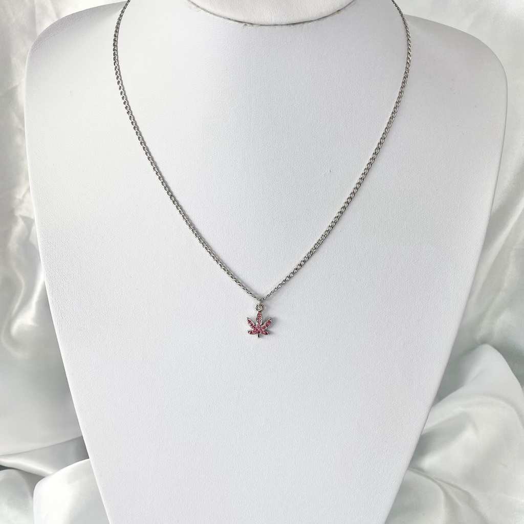 Pink Crystal Paved Weed Leaf Necklace image 1