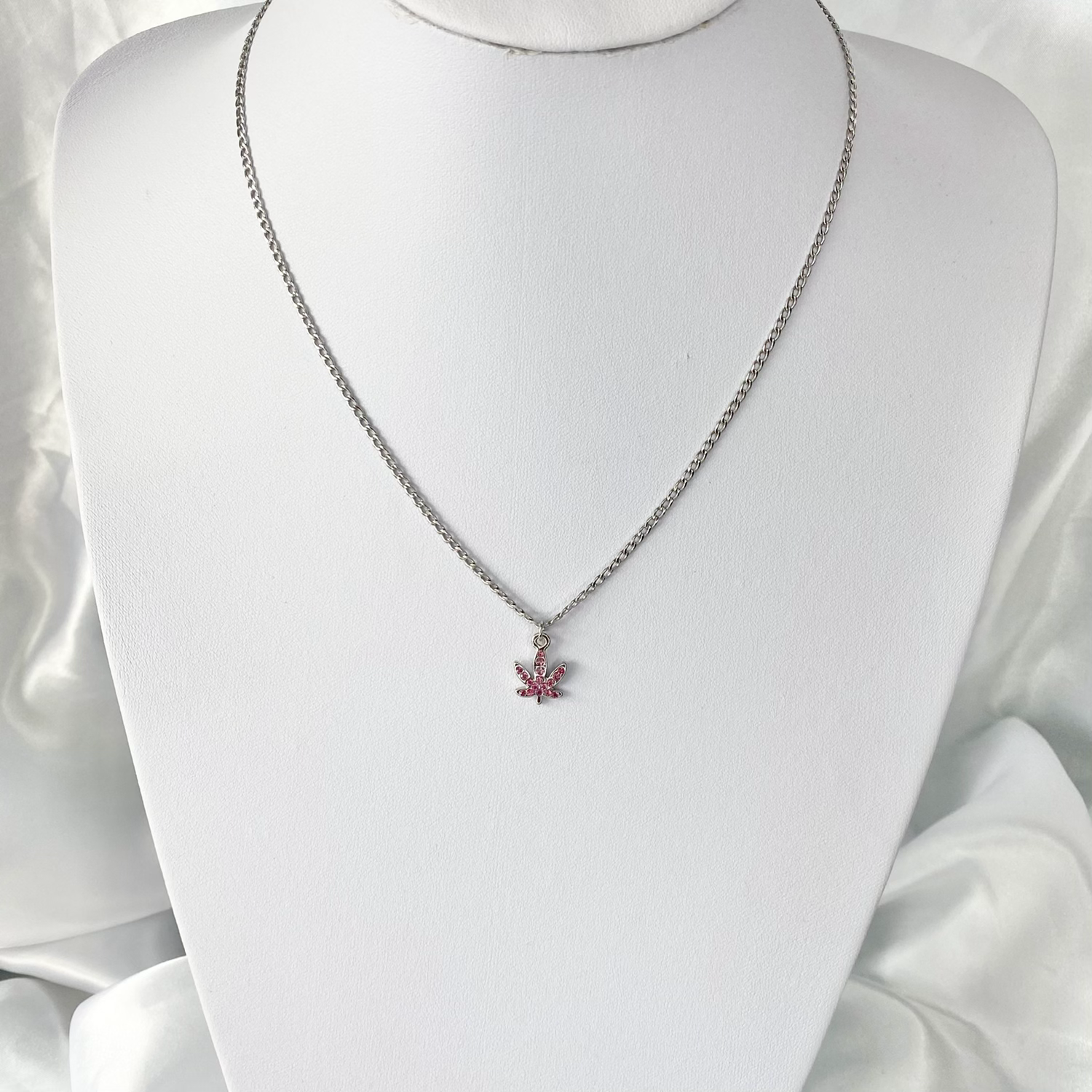 Pink Crystal Paved Weed Leaf Necklace image 1