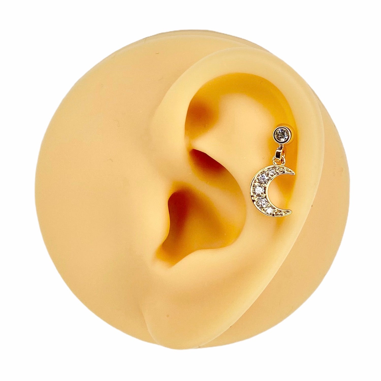 Gold Dangle CZ Paved Crescent Moon Barbell Stud image 0