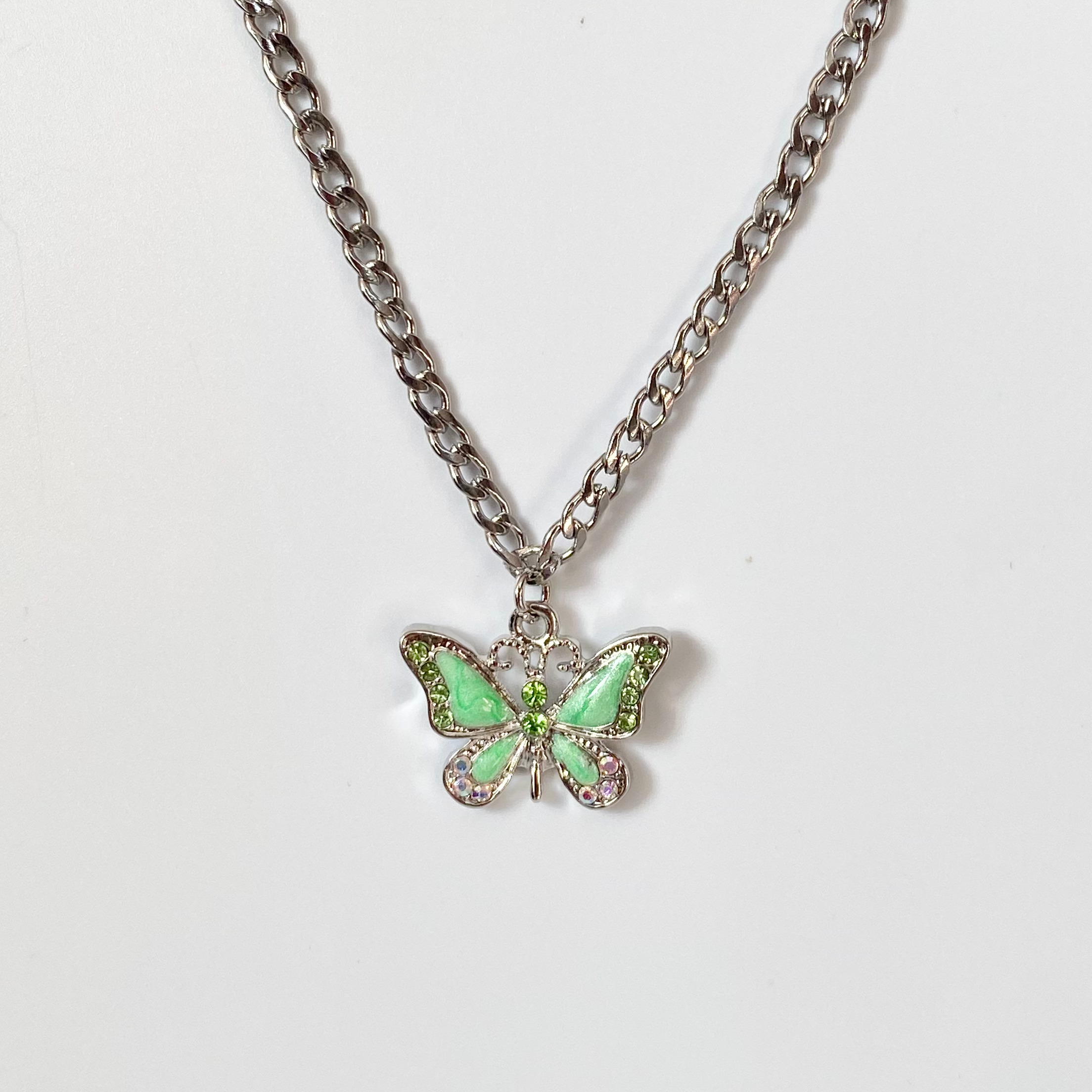 Green Crystal Y2K Butterfly Necklace image 0