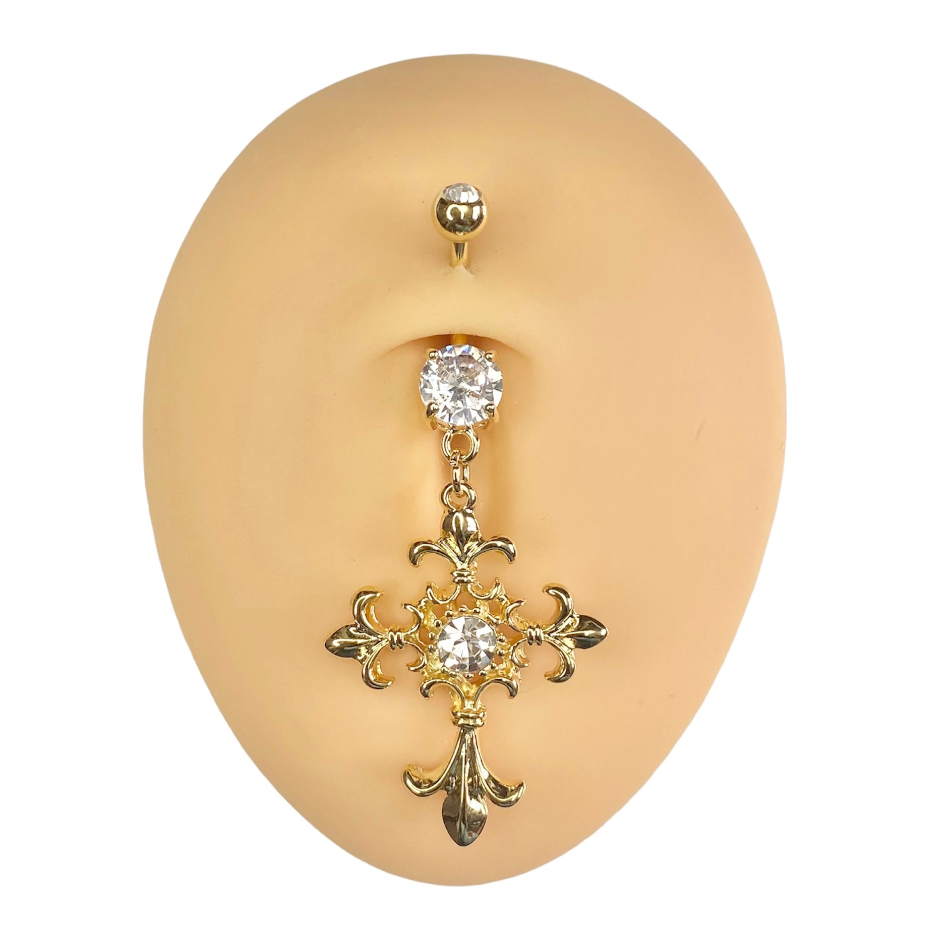 Gold Large Cross Crystal Center Dangle Belly Bar  image 0