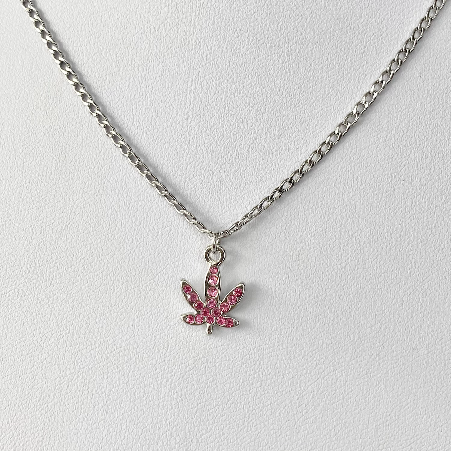 Pink Crystal Paved Weed Leaf Necklace image 0