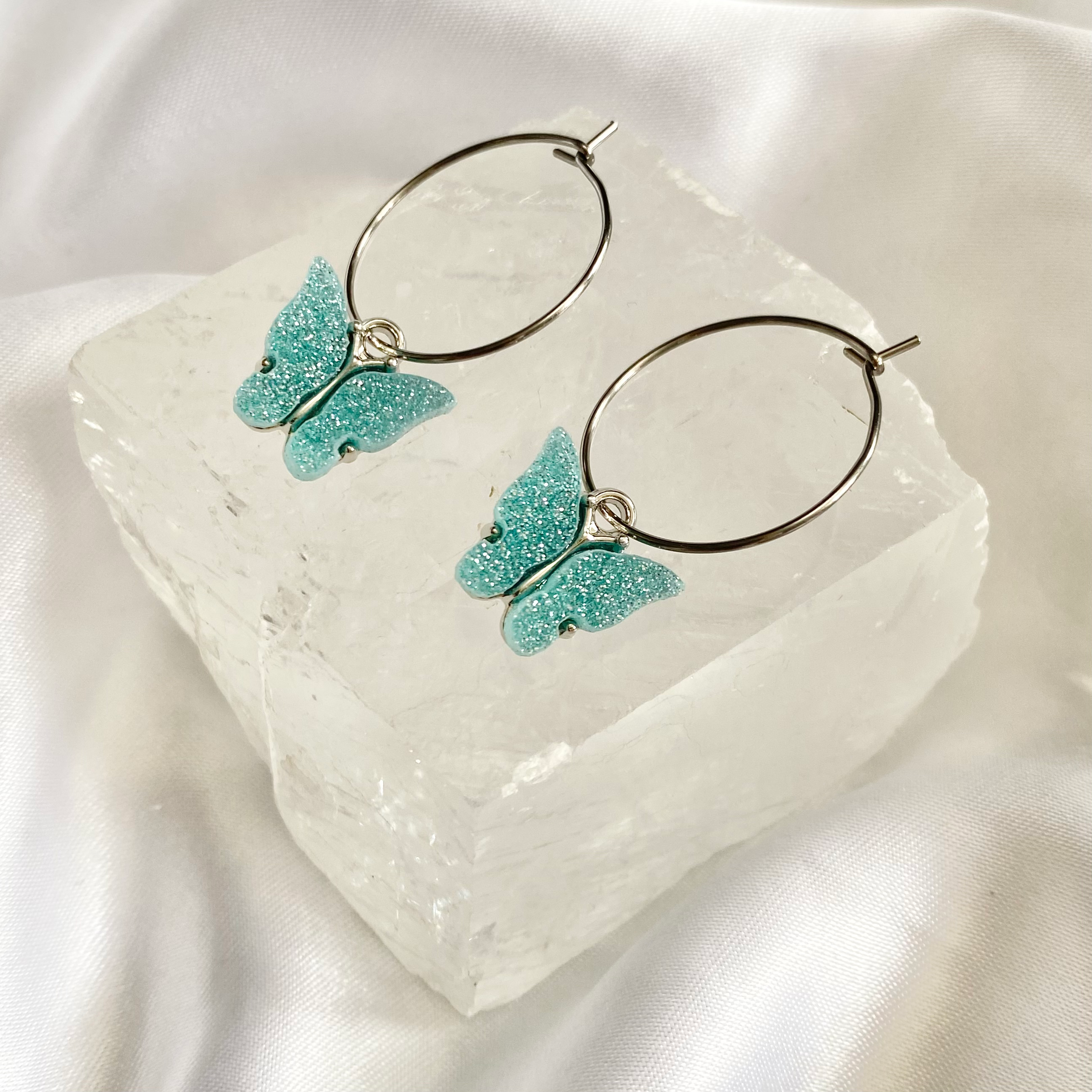 Teal Glitter Butterfly Hoop Earrings image 0