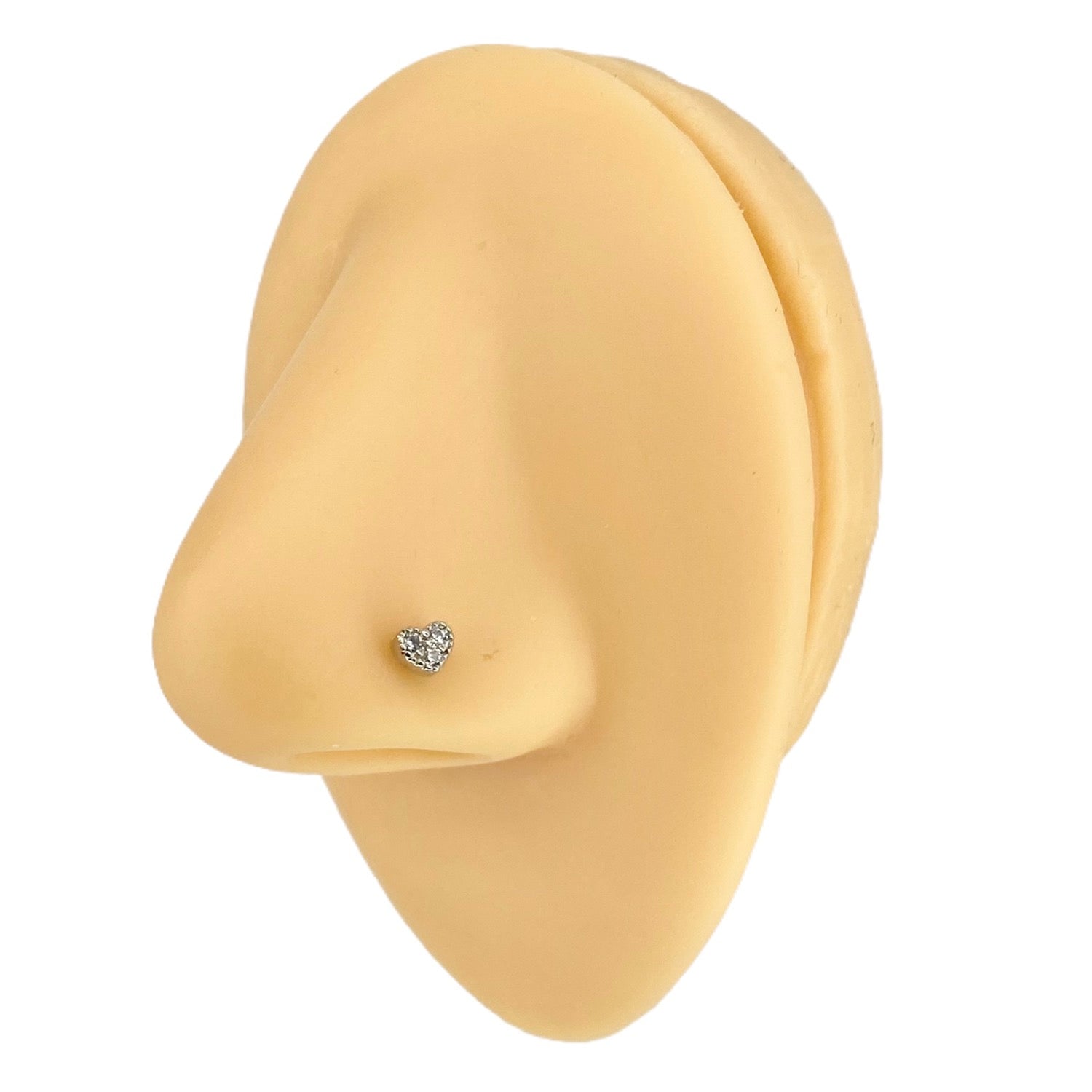 Silver / Clear 3 CZ Paved Heart Nose Stud image 0