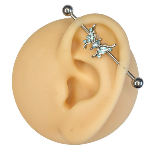 Blue Crystal Paved Butterfly Industrial Barbell  image 0