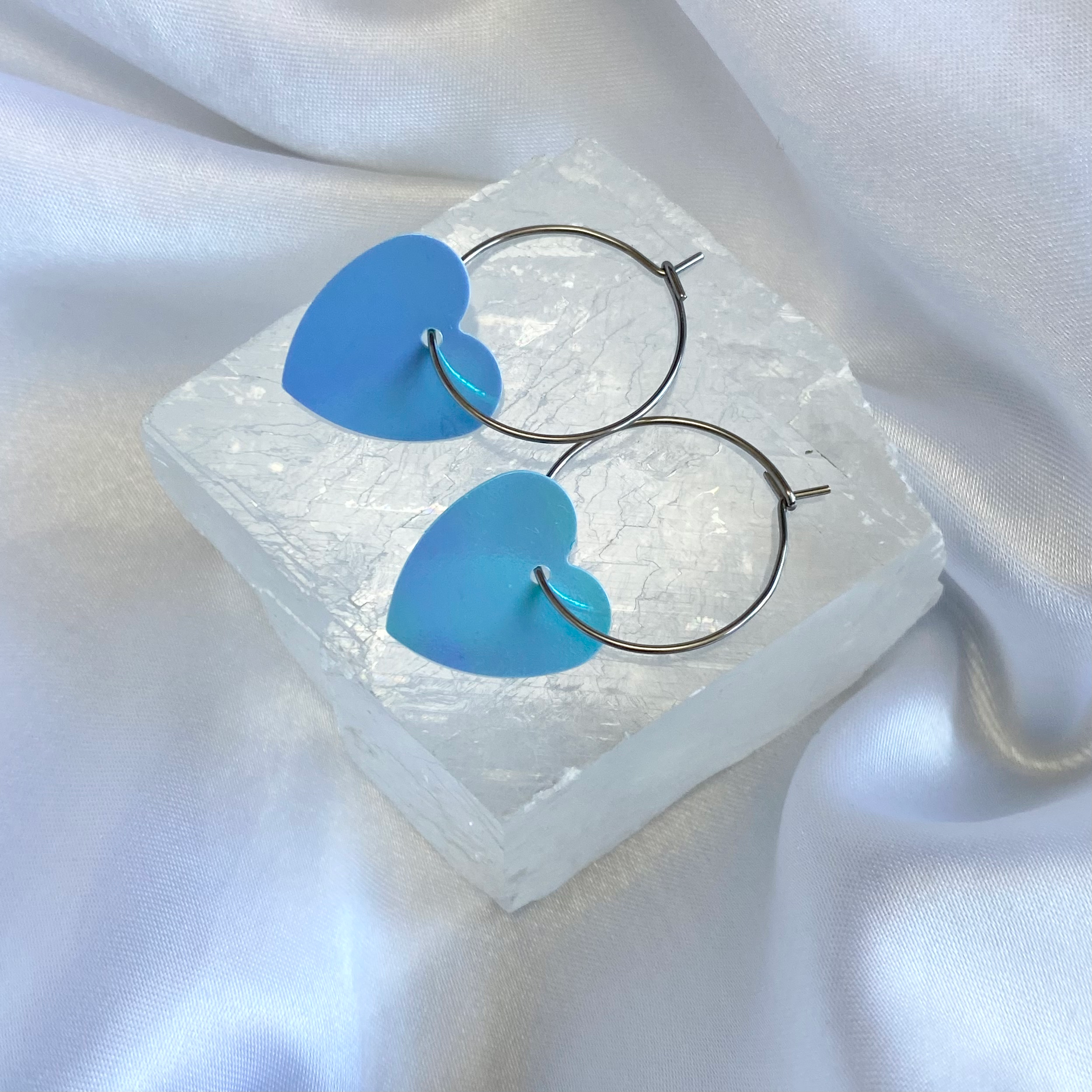 Blue AB Sequin Heart Hoop Earrings image 0