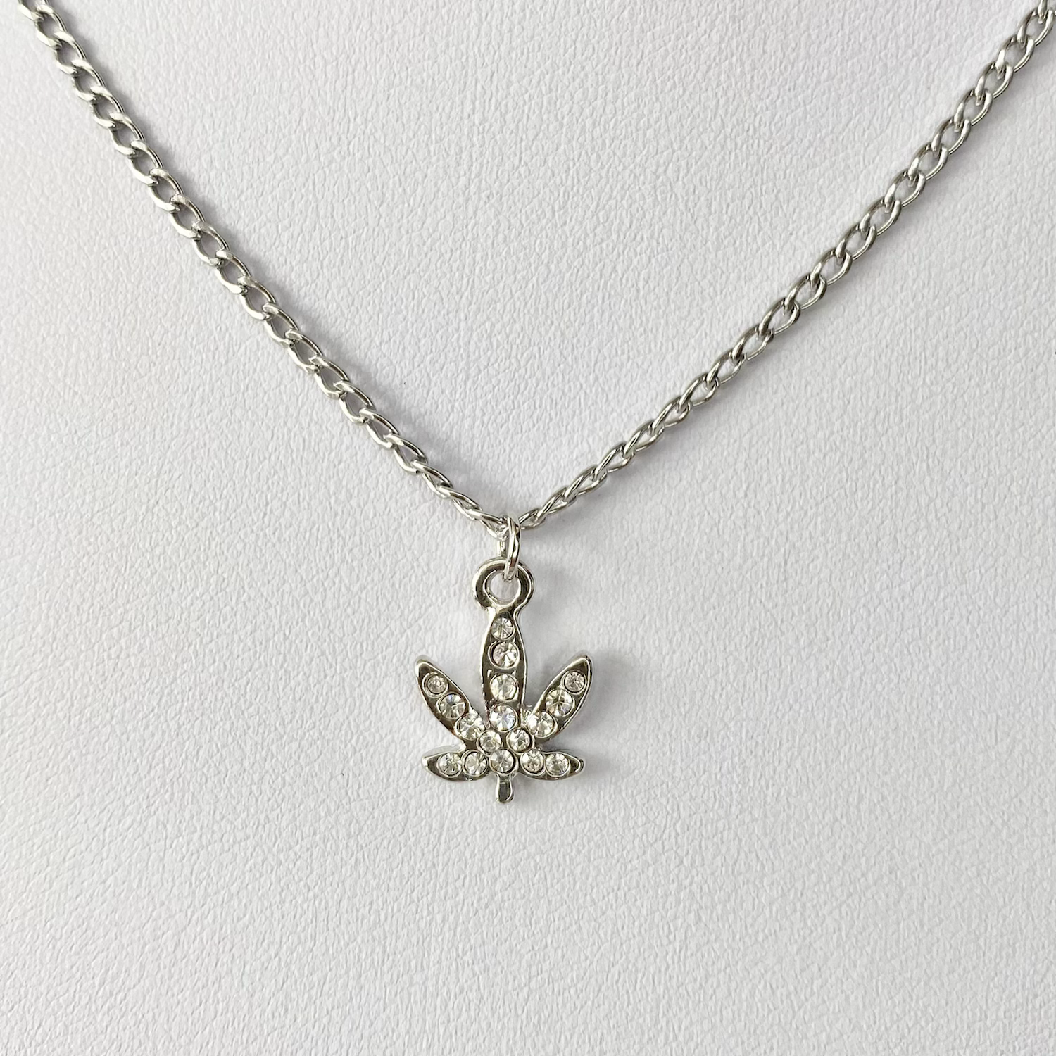 Silver Crystal Paved Weed Leaf Necklace image 0