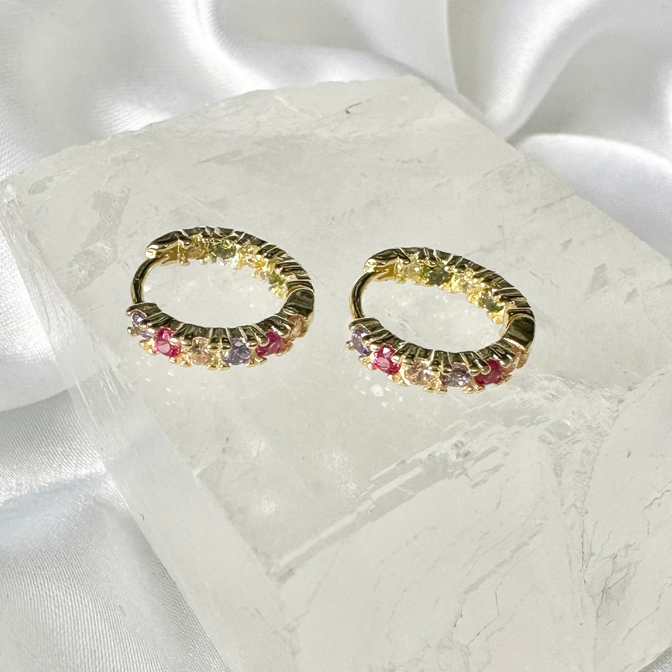 Gold Multicolour Pink & Purple CZ Hoop Earrings image 0